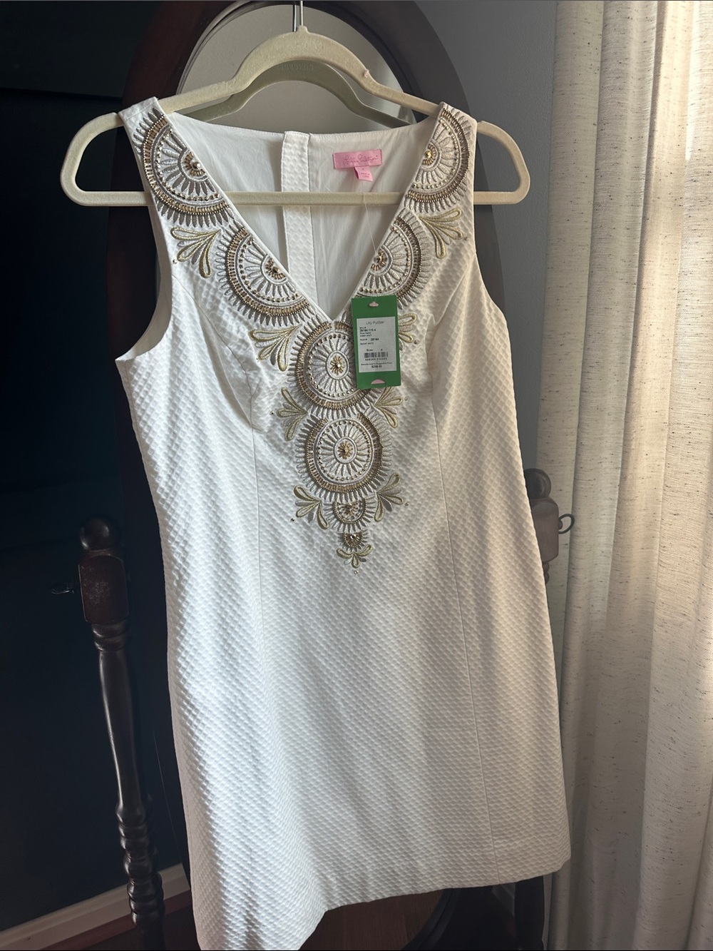 Lilly Pulitzer White Sleeveless V-Neck Shift with Gold Embellishment